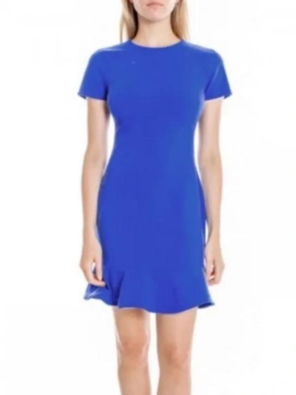 LIKELY Becket Dress in Cobalt Blue fit & flare short sleeve mini ruffle stretch